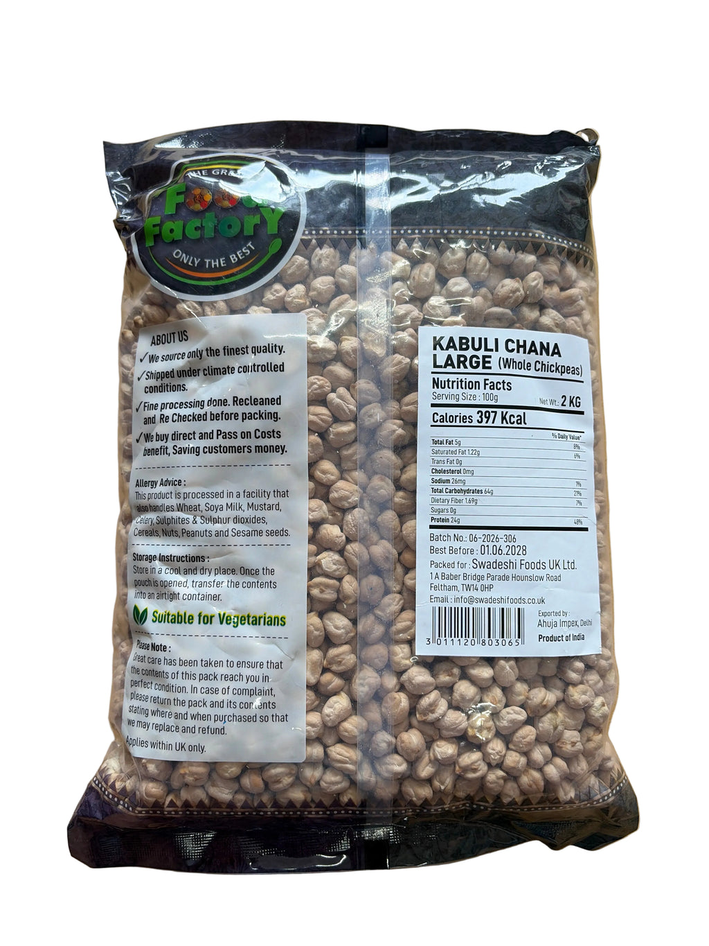 Food Factory Kabuli Chana White Chickpeas Desi 2kg