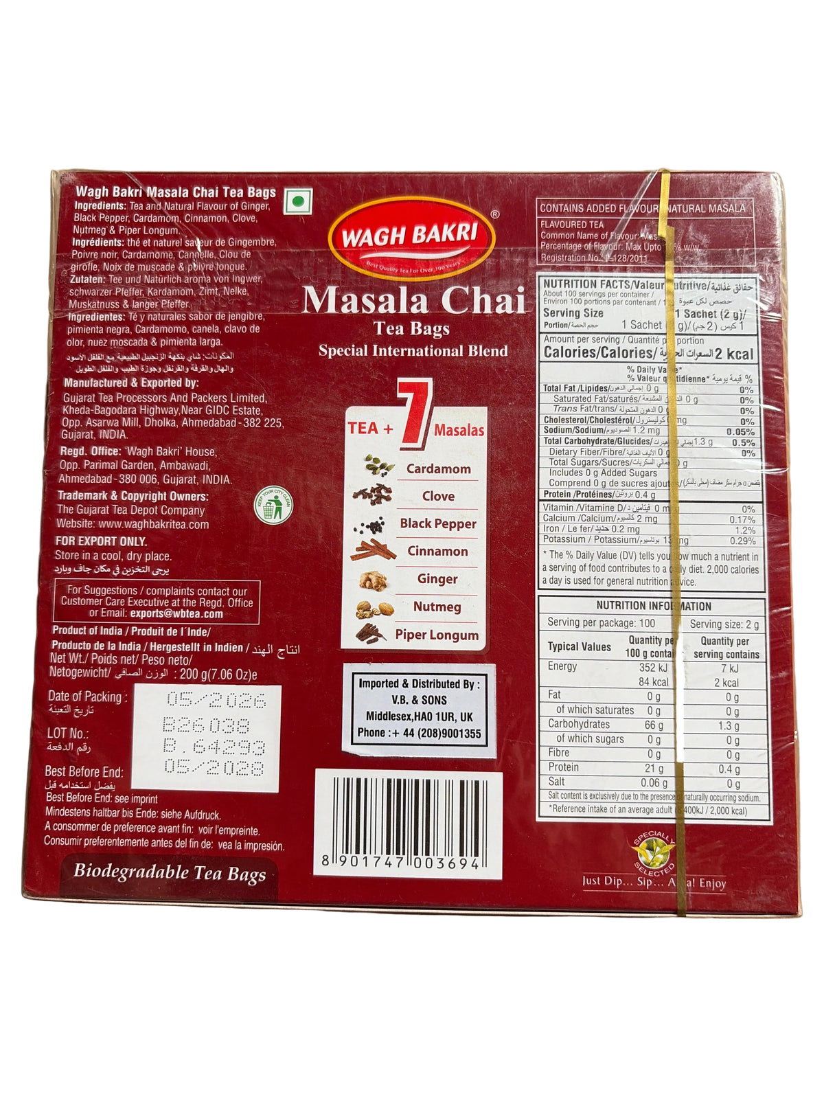 Wagh Bakri Masala Chai 100 Tea Bags 200g