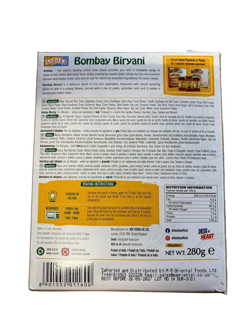 Ashoka Ready Meals Bombay Biryani 280g