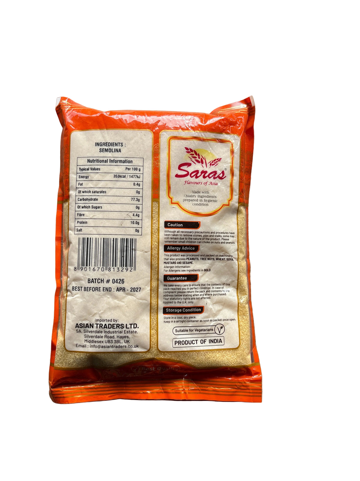 Saras Semolina Upma Rava 1kg