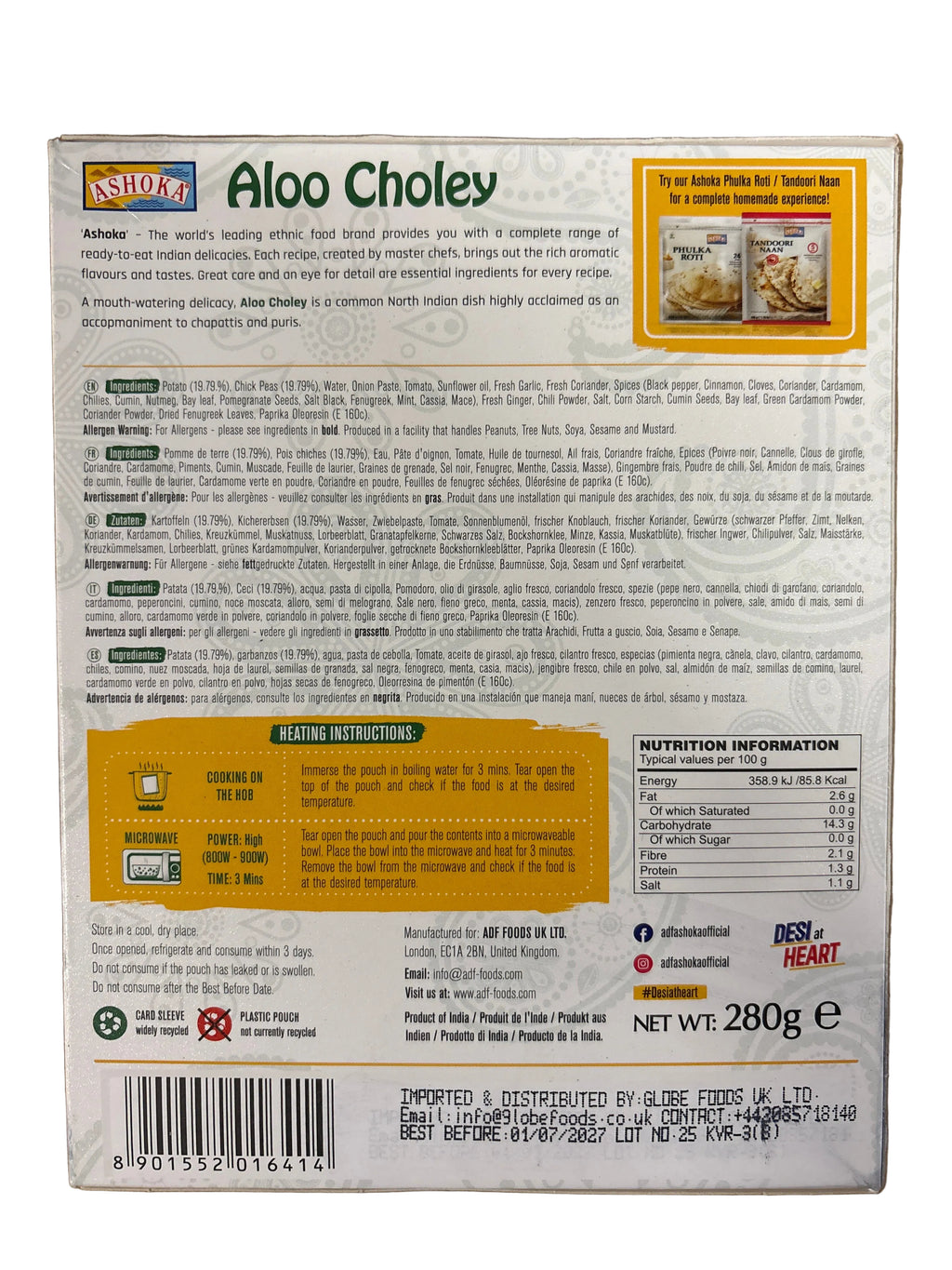 Ashoka Ready Meals Aloo Choley 280g PM