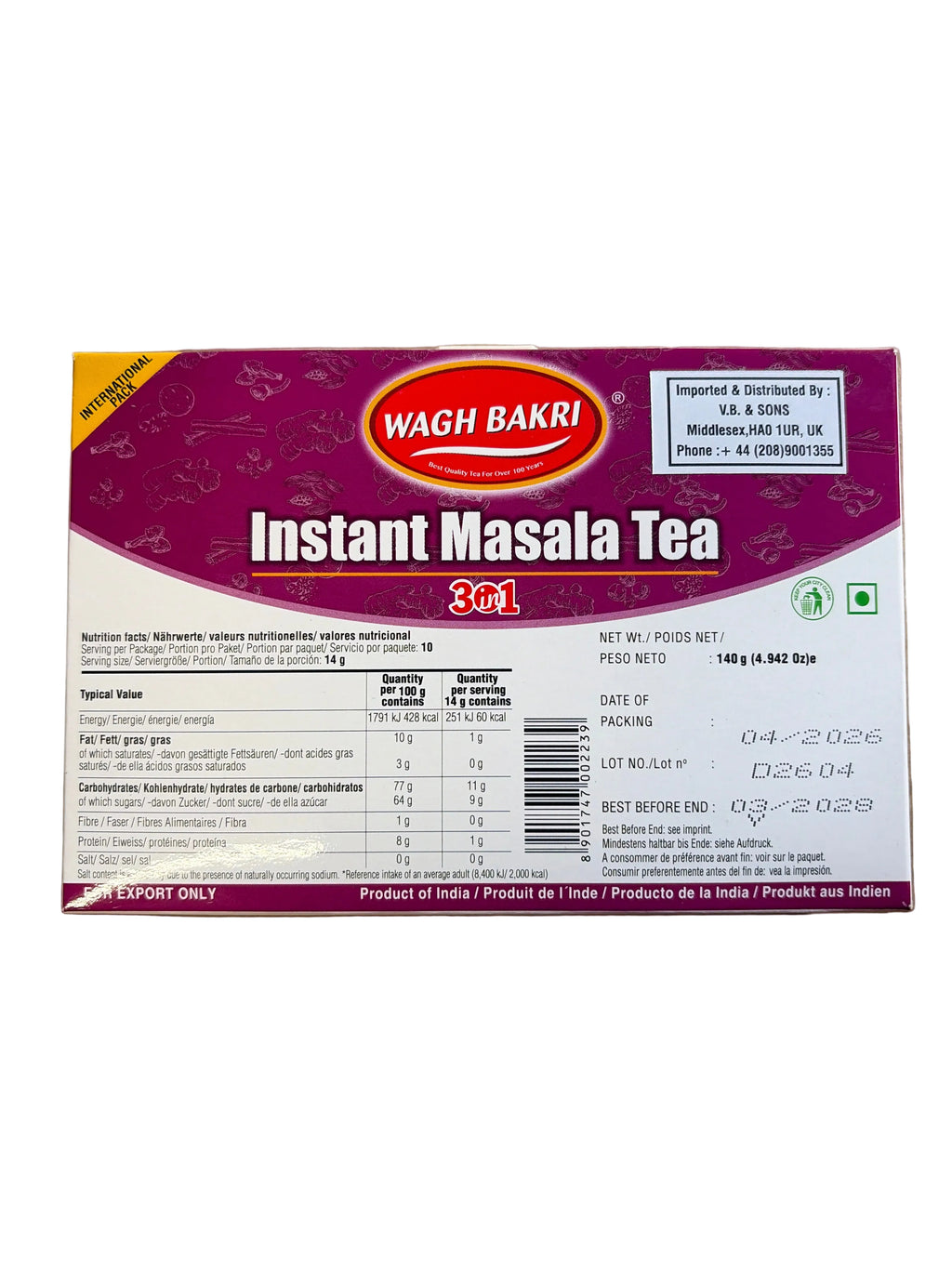 Wagh Bakri Instant Masala Tea 10 x Sachets 140g
