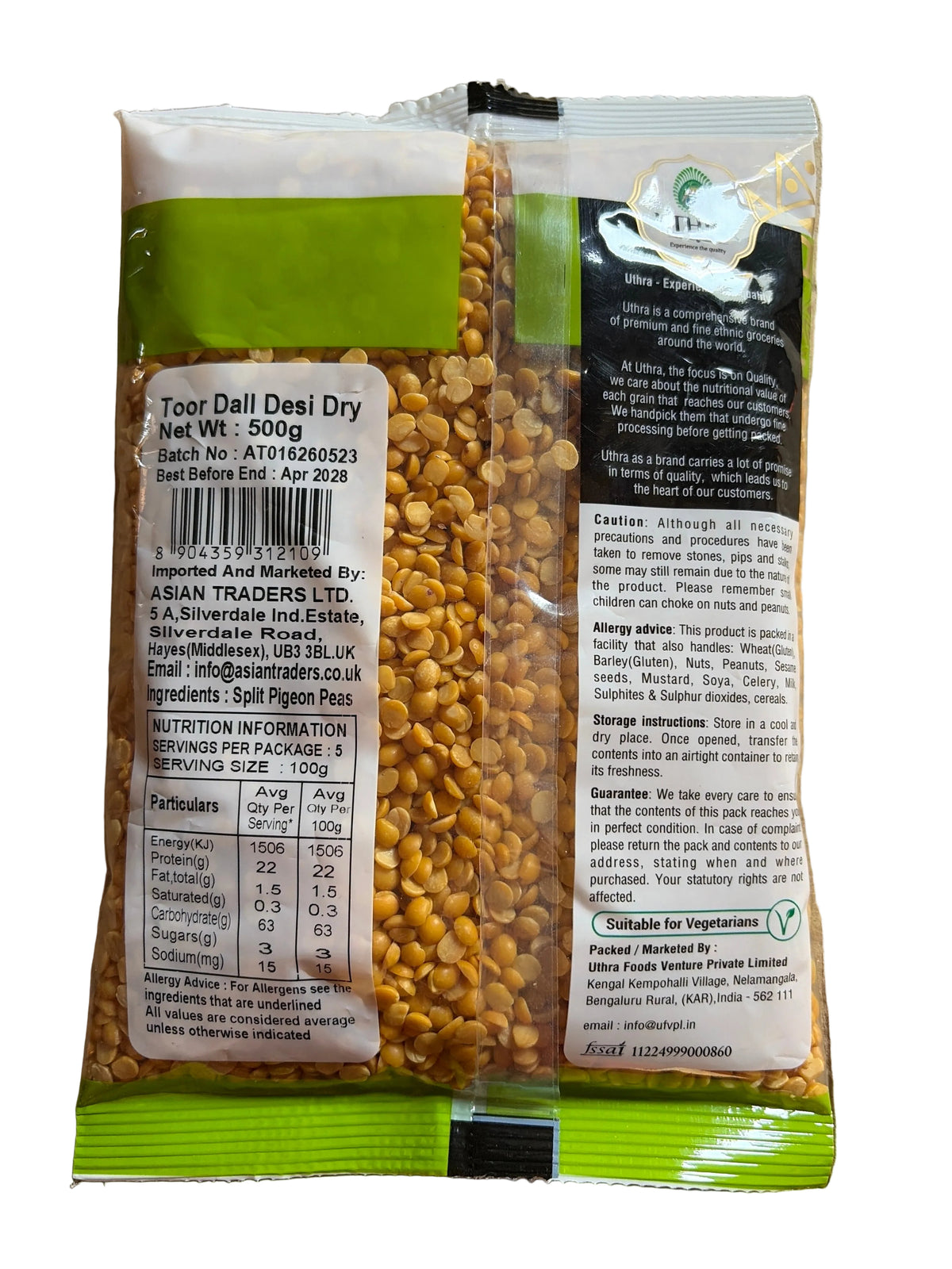 Uthra Lentils Toor Dall Dry Desi 500g