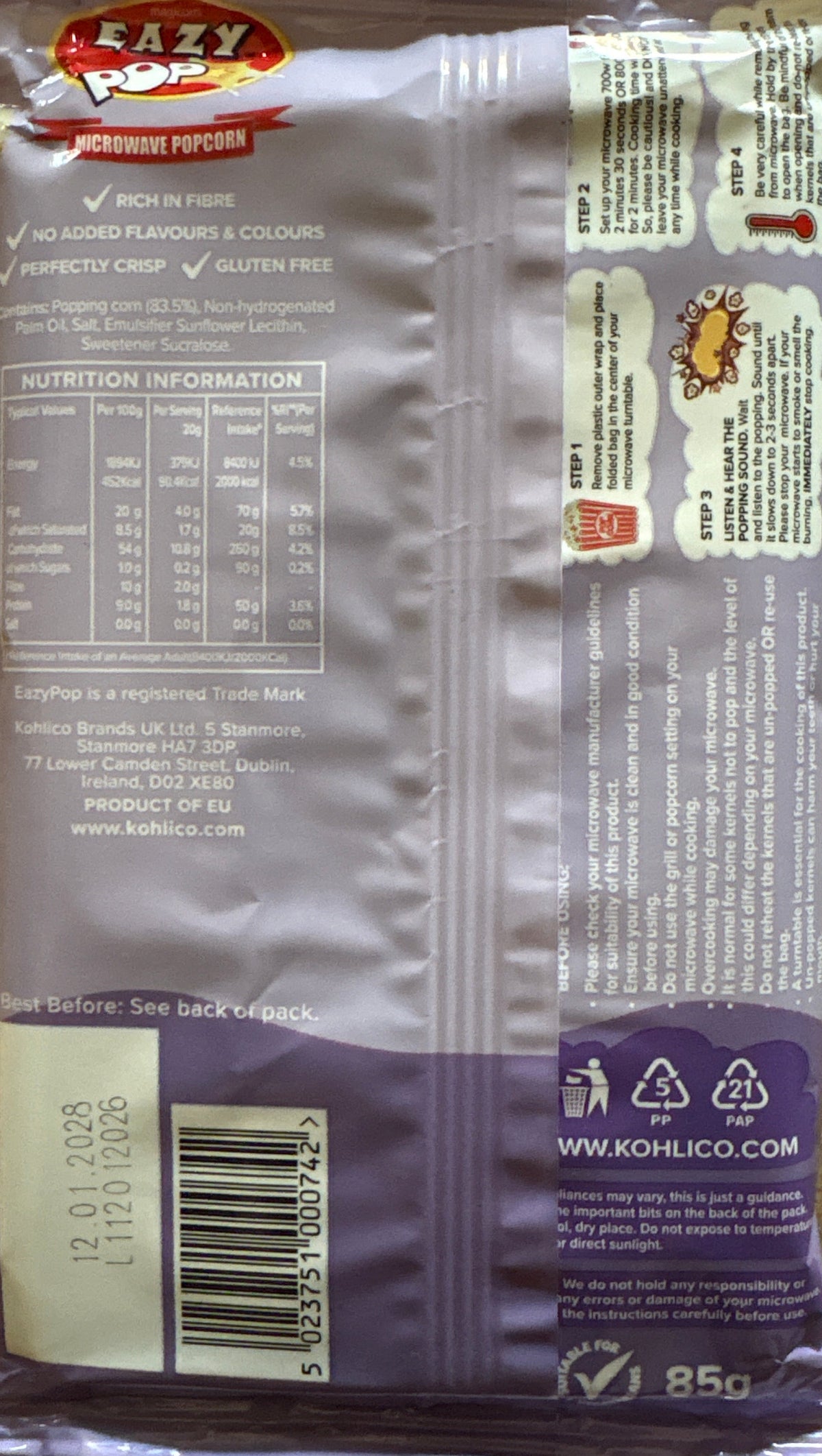 Eazy Pop Popcorn Microwave Sweet 85g