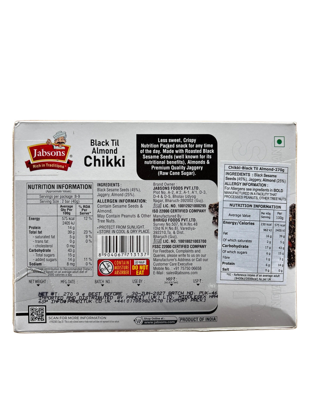 Jabsons Chikki Black Til Almonds 270g