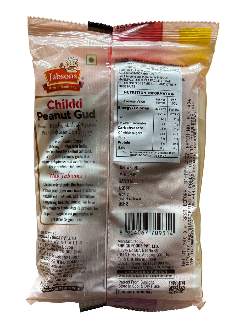 Jabsons Chikki Peanut Gud 240g