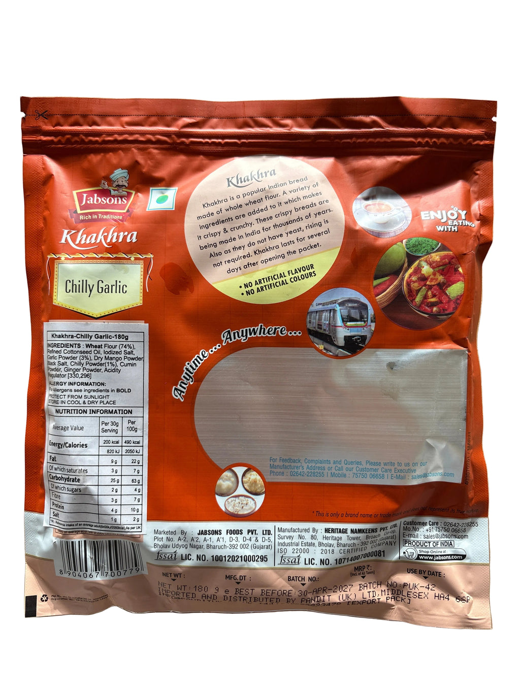 Jabsons Khakhra Crisps Roasted Wheat Chilly Garlic 180g
