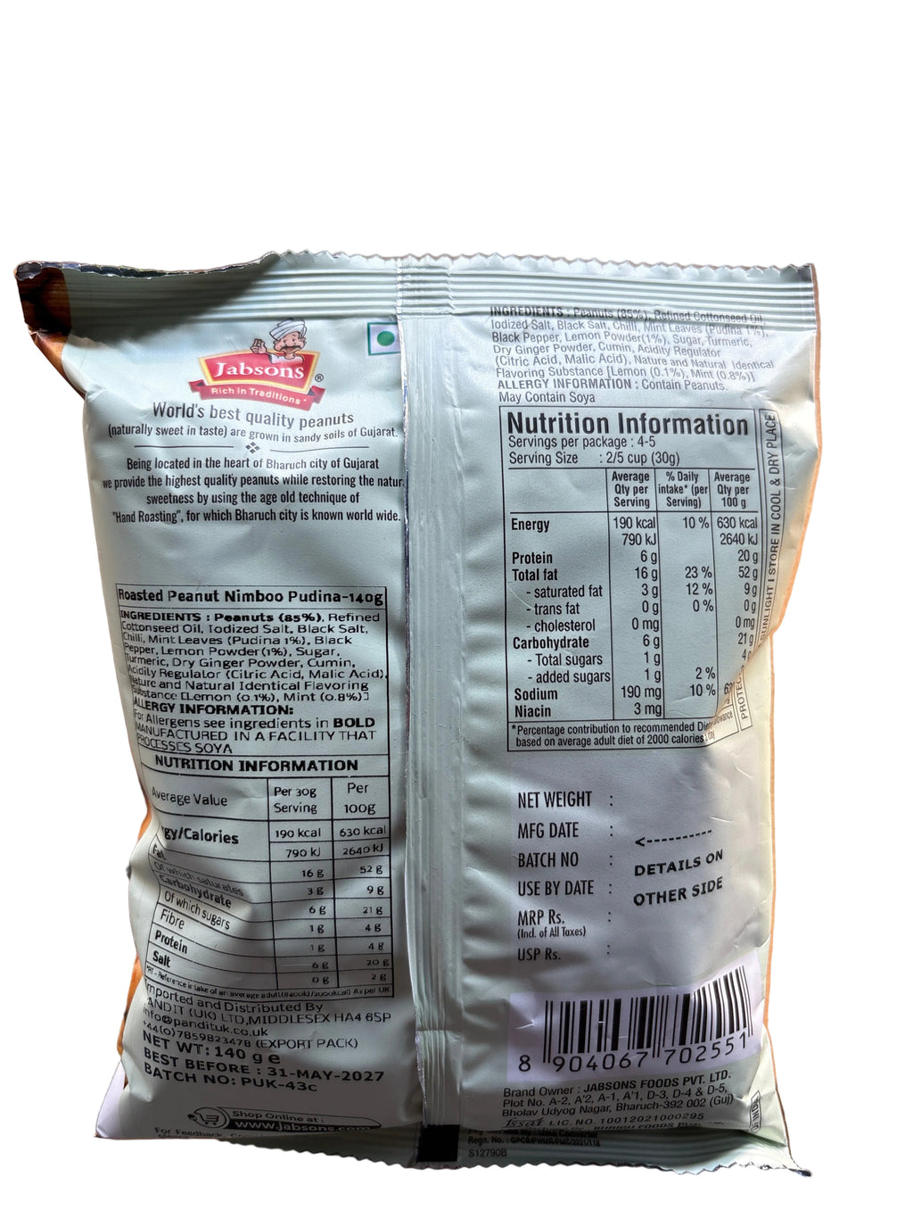 Jabsons Peanuts Roasted Nimboo Pudina 140g