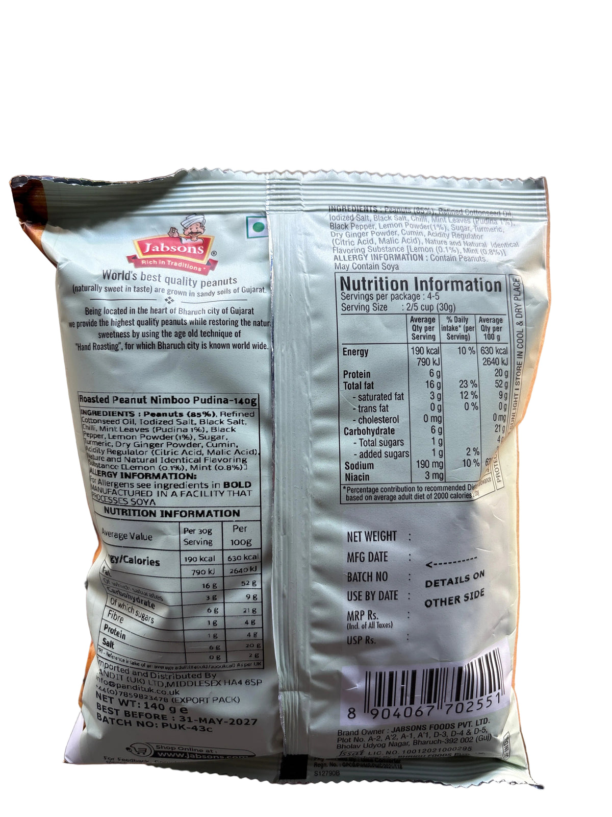 Jabsons Peanuts Roasted Nimboo Pudina 140g