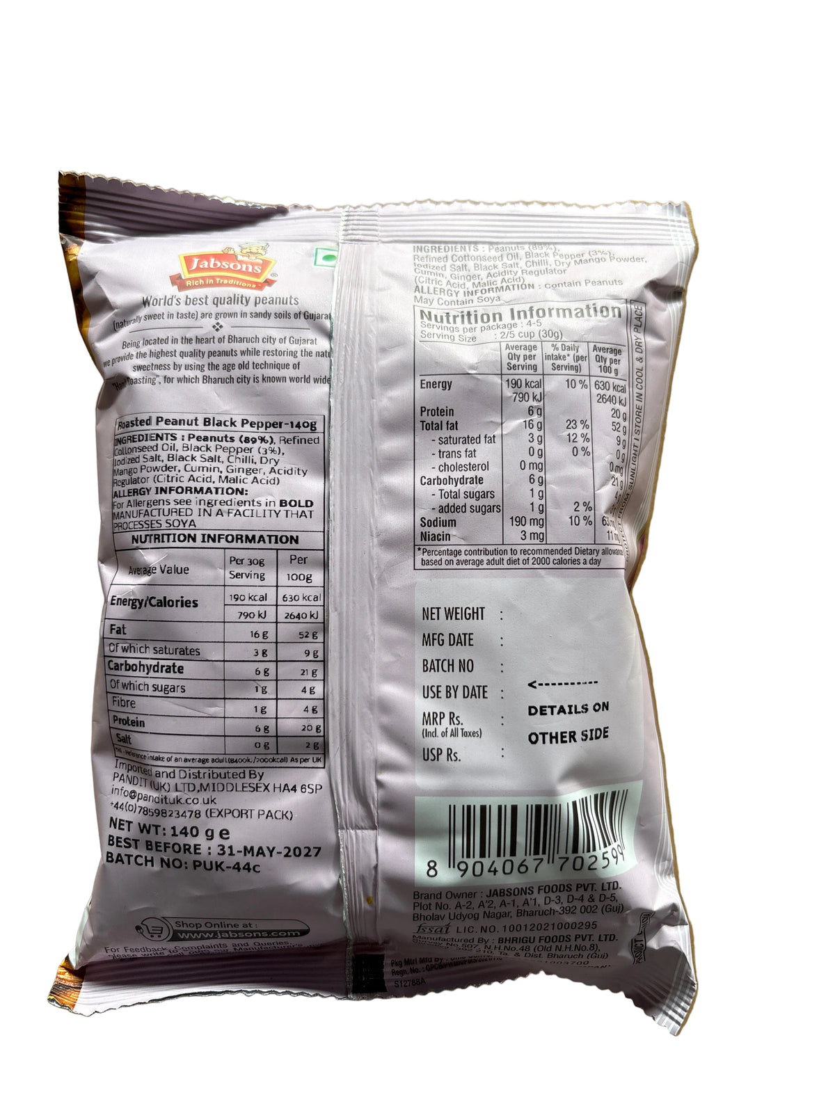Jabsons Roasted Peanuts Black Pepper 140g