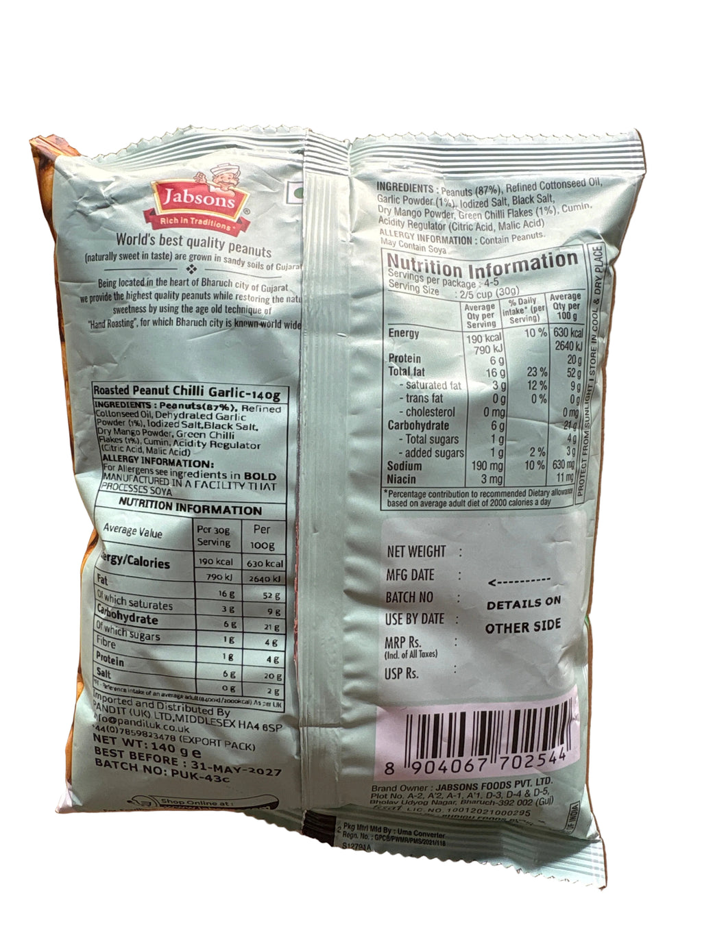 Jabsons Roasted Peanuts Chilli Garlic 140g