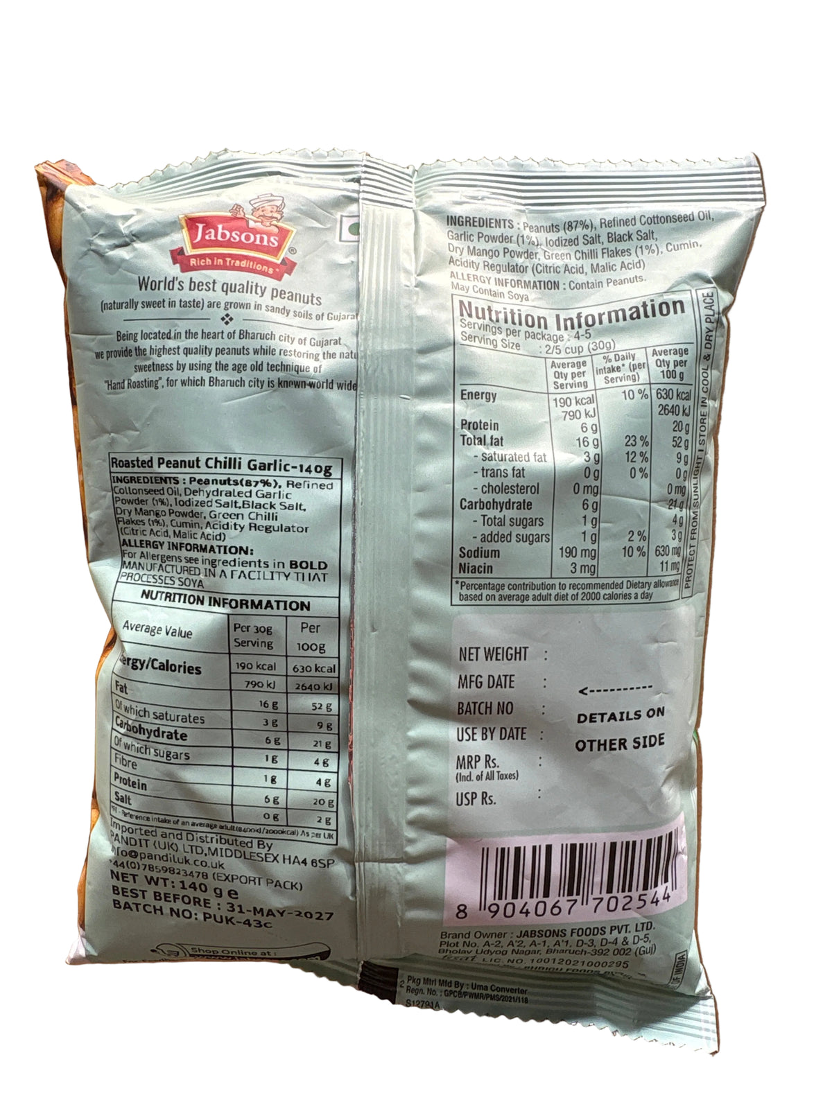 Jabsons Roasted Peanuts Chilli Garlic 140g