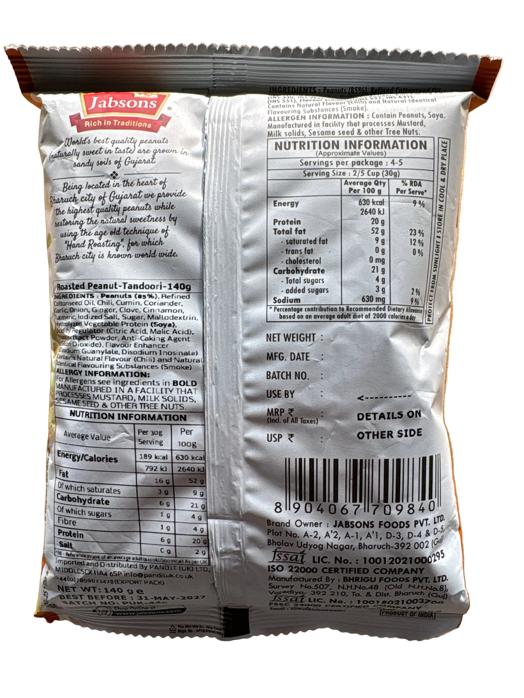 Jabsons Roasted Peanuts Tandoori 140g