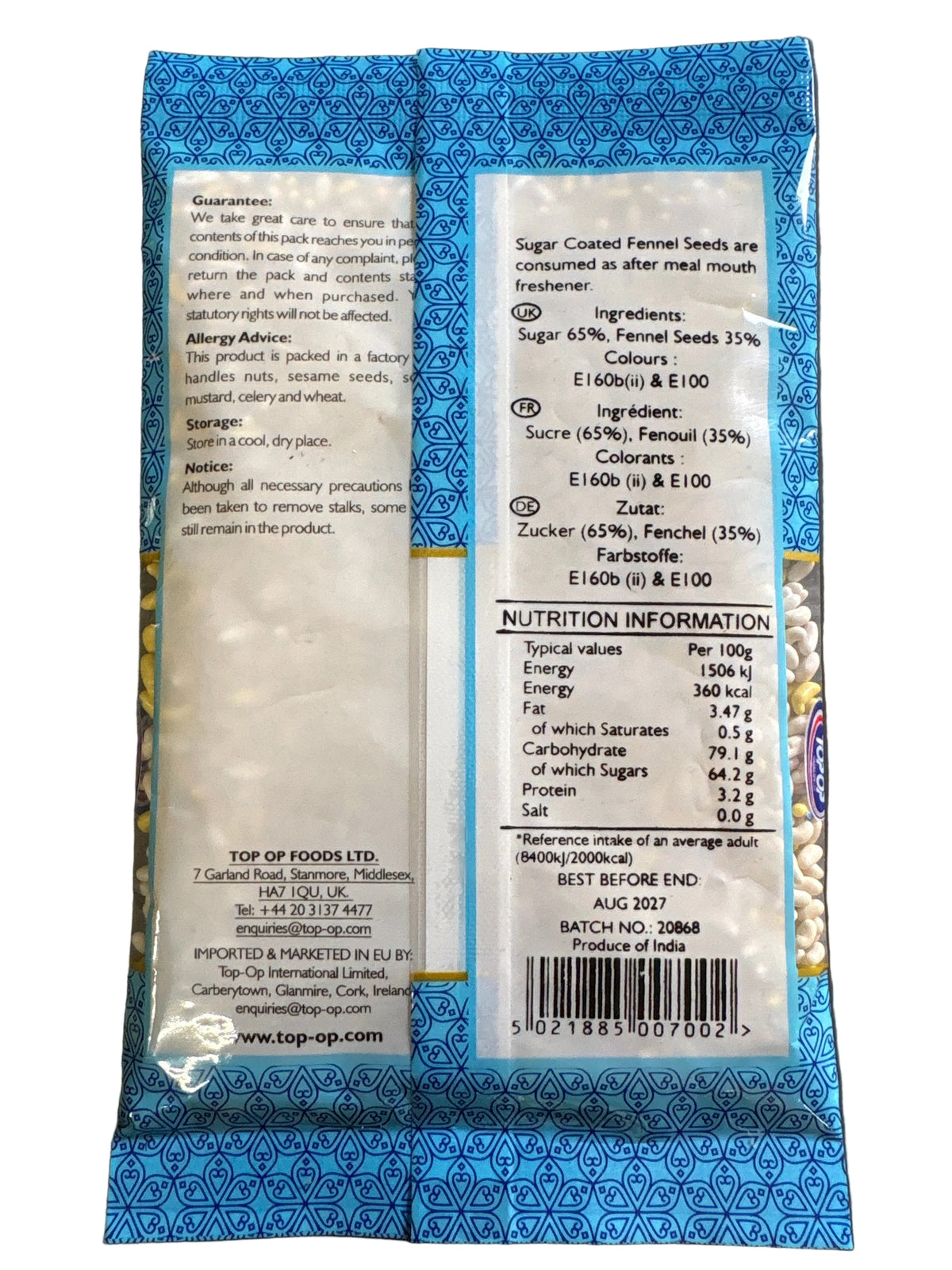 Top Op Valiary Sweet Sugar Coated Fennel Seeds 100g